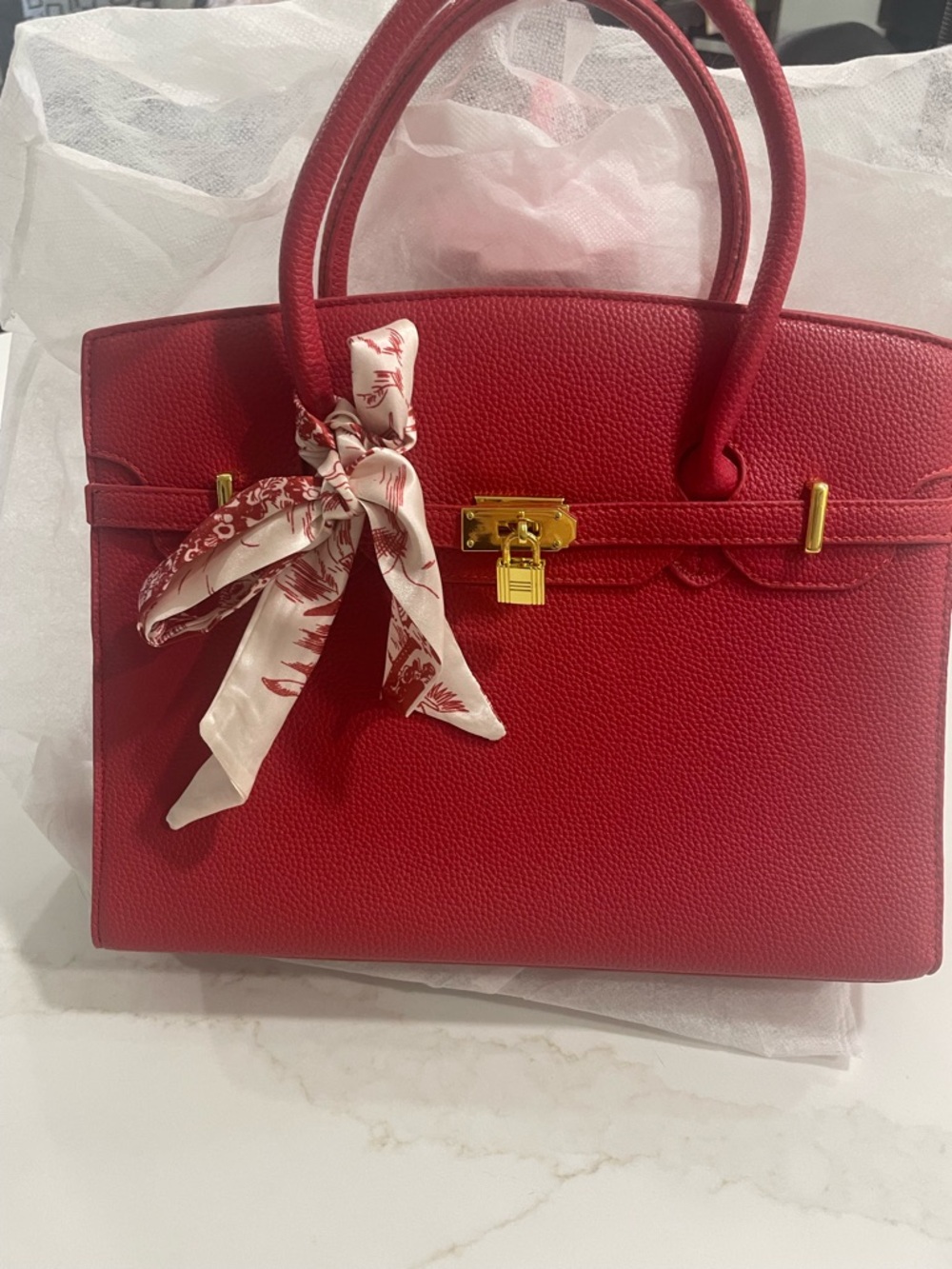 Classic Red Structured Tote Handbag with Gold Hardware